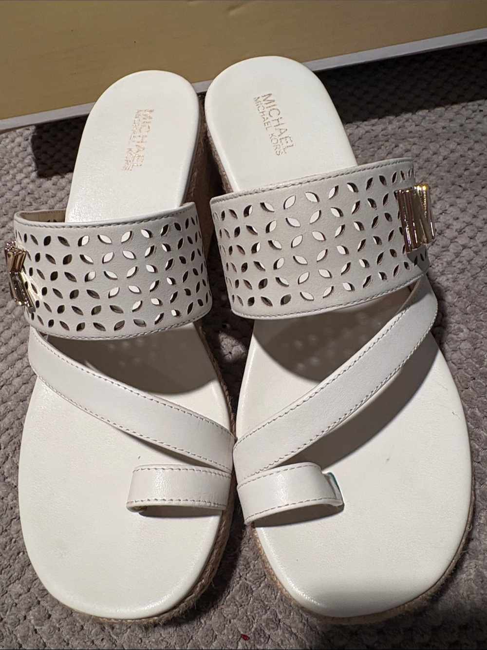 Michael Kors White Laser-Cut Leather Slide Sandals with Gold Accent